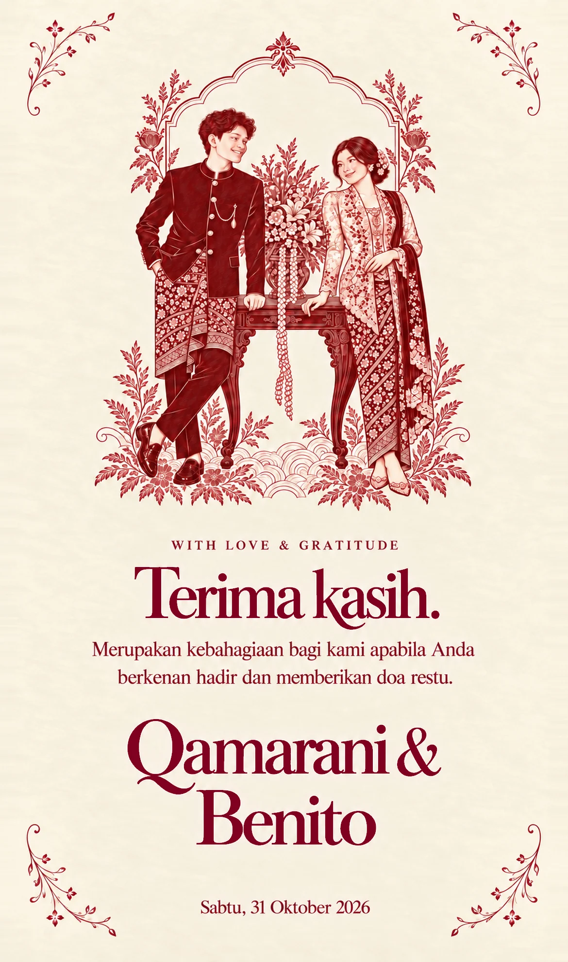 Ilustrasi Qamarani dan Benito dalam bingkai bunga burgundy